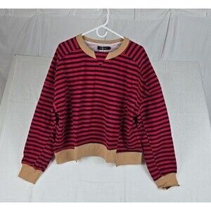 Merokeety Long Sleeve Sweatshirt Women’s Red Navy Striped Large Tan Trim